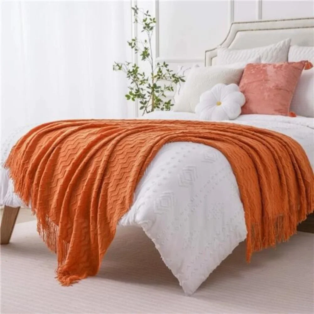 Orange Throw Blanket for Couch, Decorative Fall with Tassels Halloween‎ 50x60